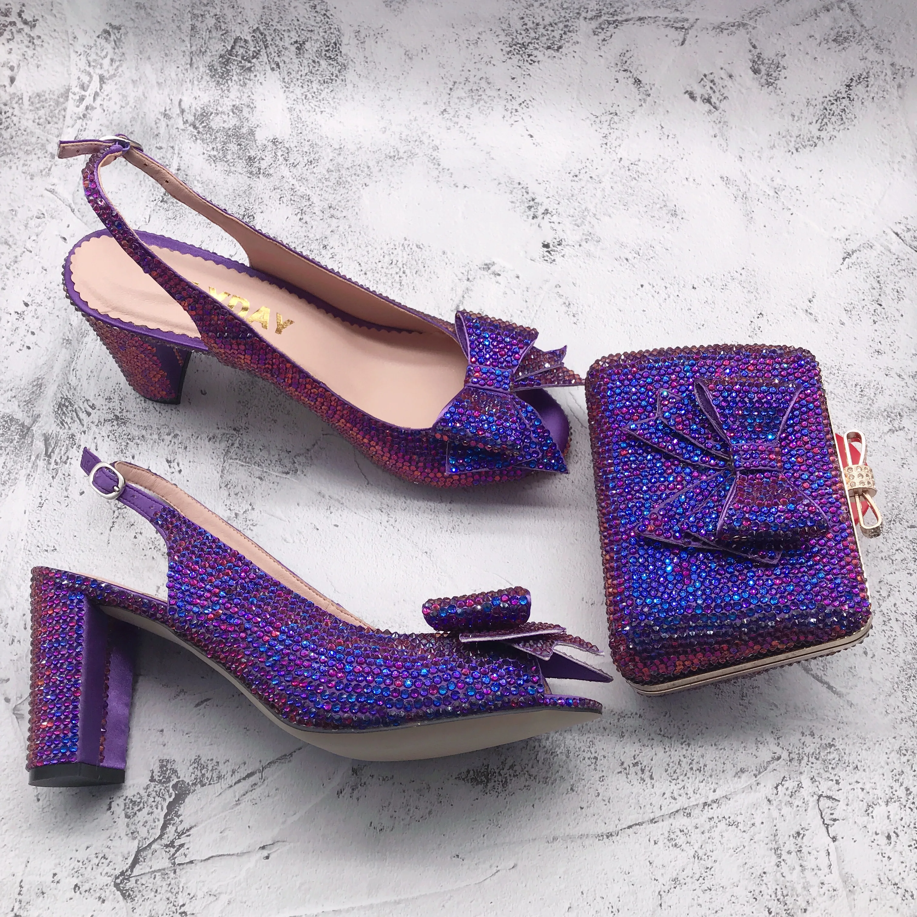 BS1386  Custom Made Women Shoes Dress Pumps  Bridal Wedding Shoes  Multicolor Blue Purple Crystal Shoes With Matching Bag