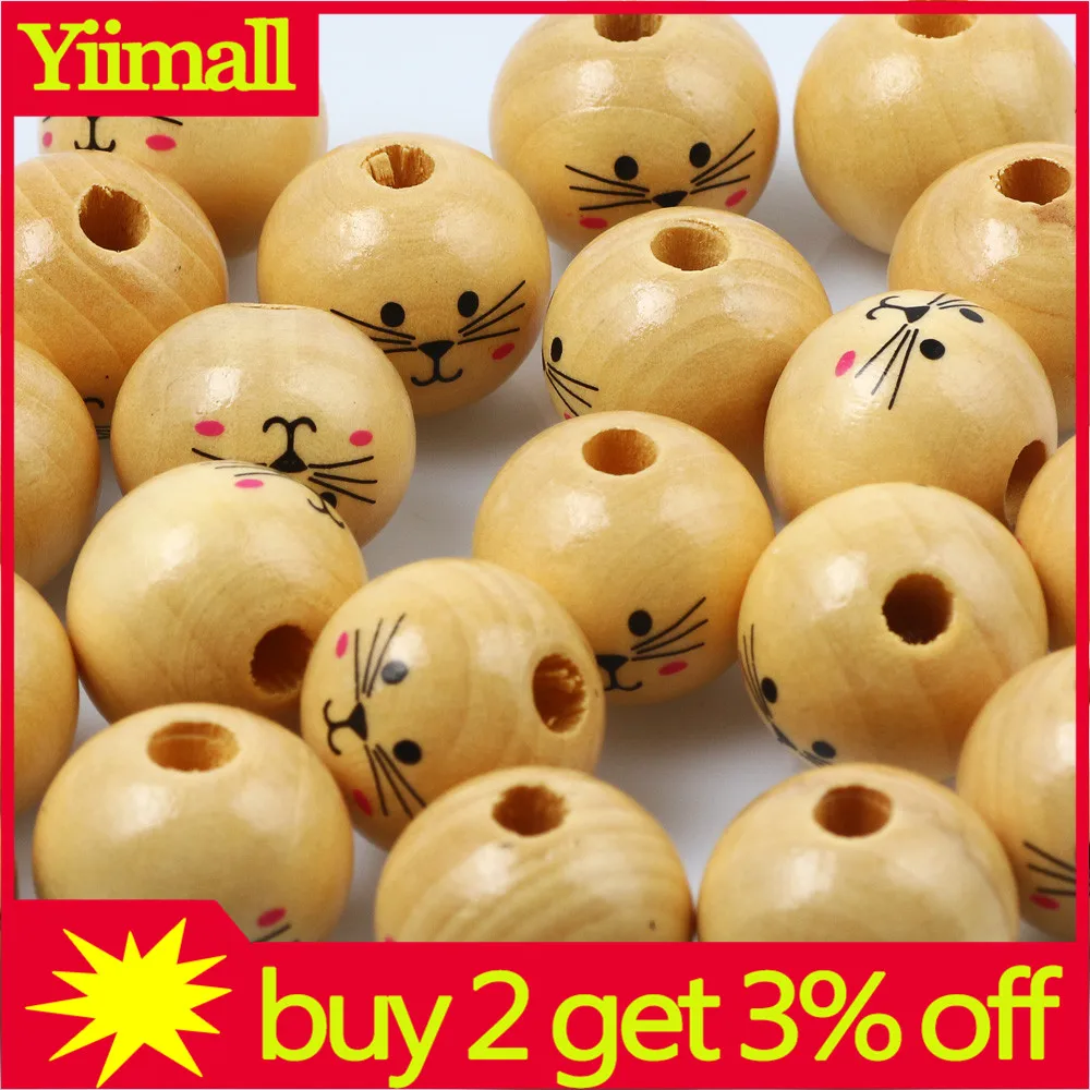 3-10Pcs 20/30mm Cute Cat Natural Wooden Beads Round Spacer Loose Beads For Jewelry Making Handmade Diy Necklace Bracelet