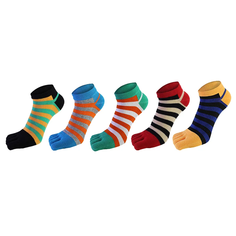 Combed Cotton Ankle 5 Finger Socks Men Boy Striped Colorful Casual Sweat-Absorbing Breathable Boat No Show Toes Socks 4 Seasons