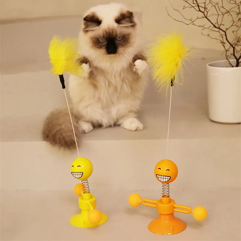 Novel Toy Self Hi Feather Tease Stick Rotary Table Ball Suction Cup Spring Windmill Funny Cat Artifact Gift for Pet