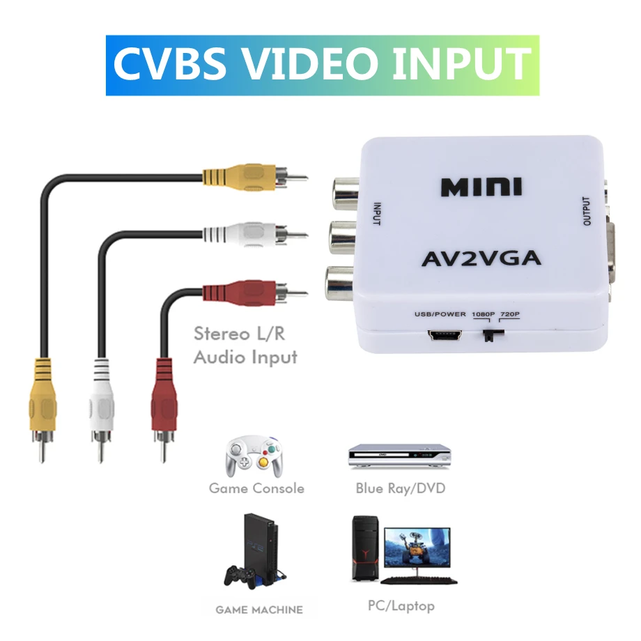 PzzPss 1080P Mini Video Convertor RCA AV to VGA Video Converter Conversor with 3.5mm Audio AV2VGA / CVBS + Audio to PC HDTV