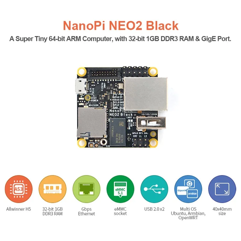 NanoPi NEO2 Black Allwinner H5 Development Board Quad Core 64-bit A53 Gigabit Network Ubuntu