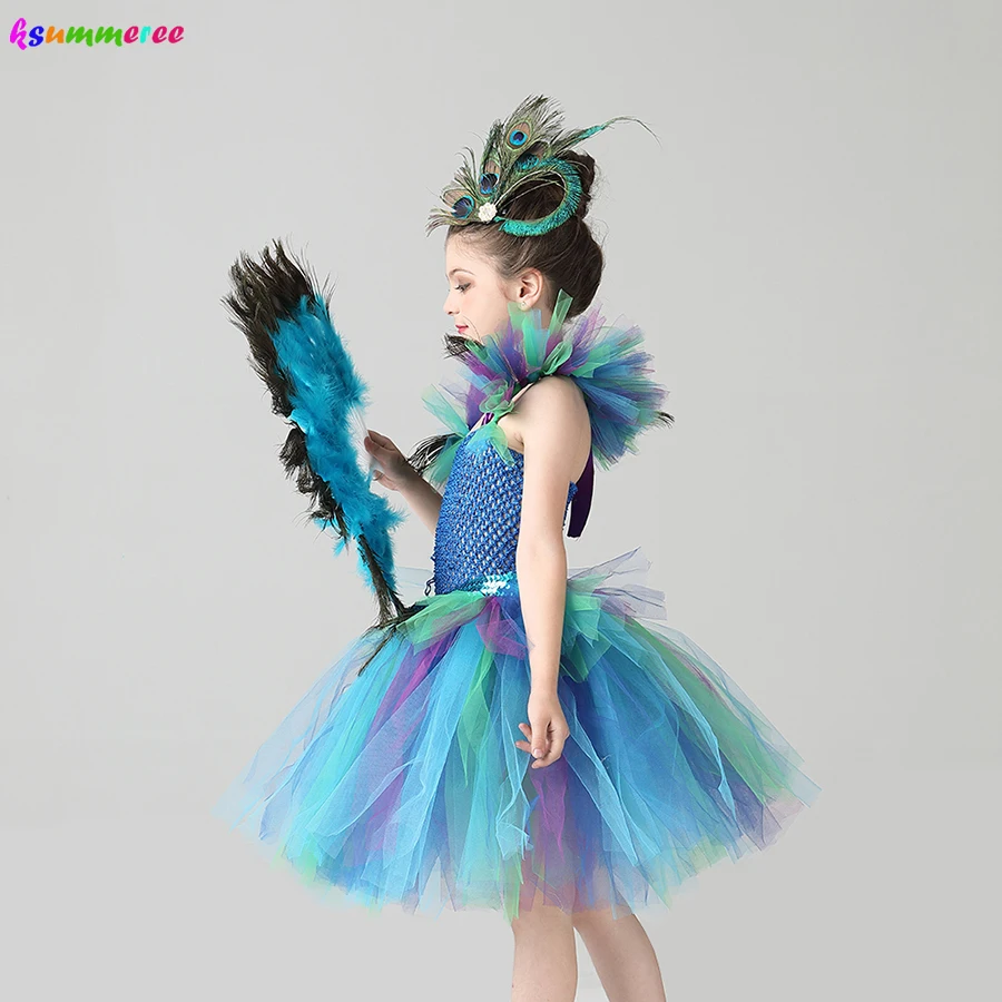 Couture Royal Peacock Girls Tutu Dress with Feather Clip Peacock Bird Carnival Fancy Dress for Kid Halloween Party Purim Costume