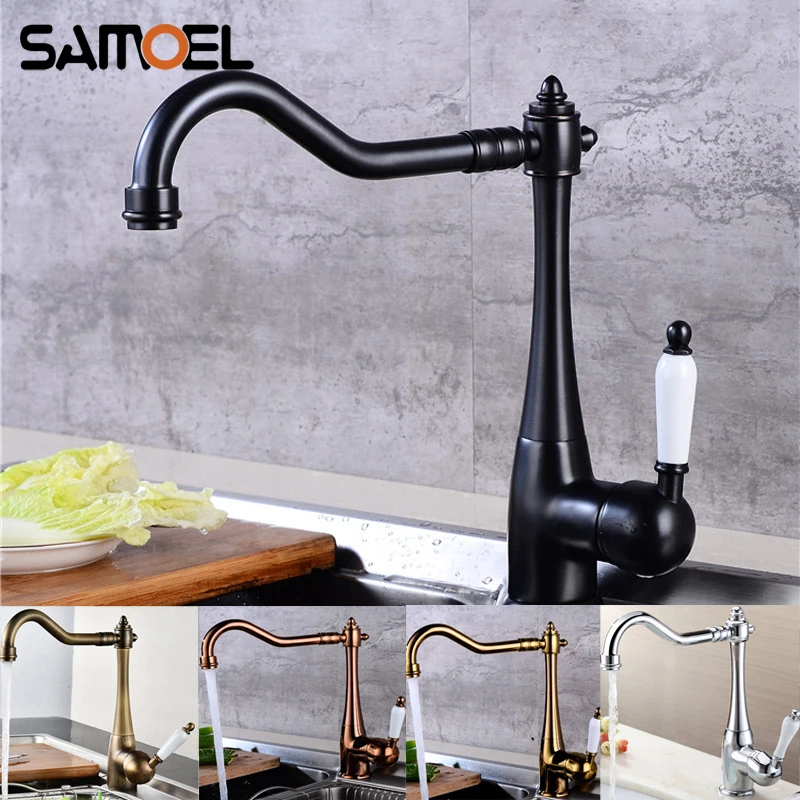 

Economic Antique Brass Black Rotatable Kitchen Sink Faucet Durable Single Ceramic Handle Cold Hot Water Mixer Tap B3419