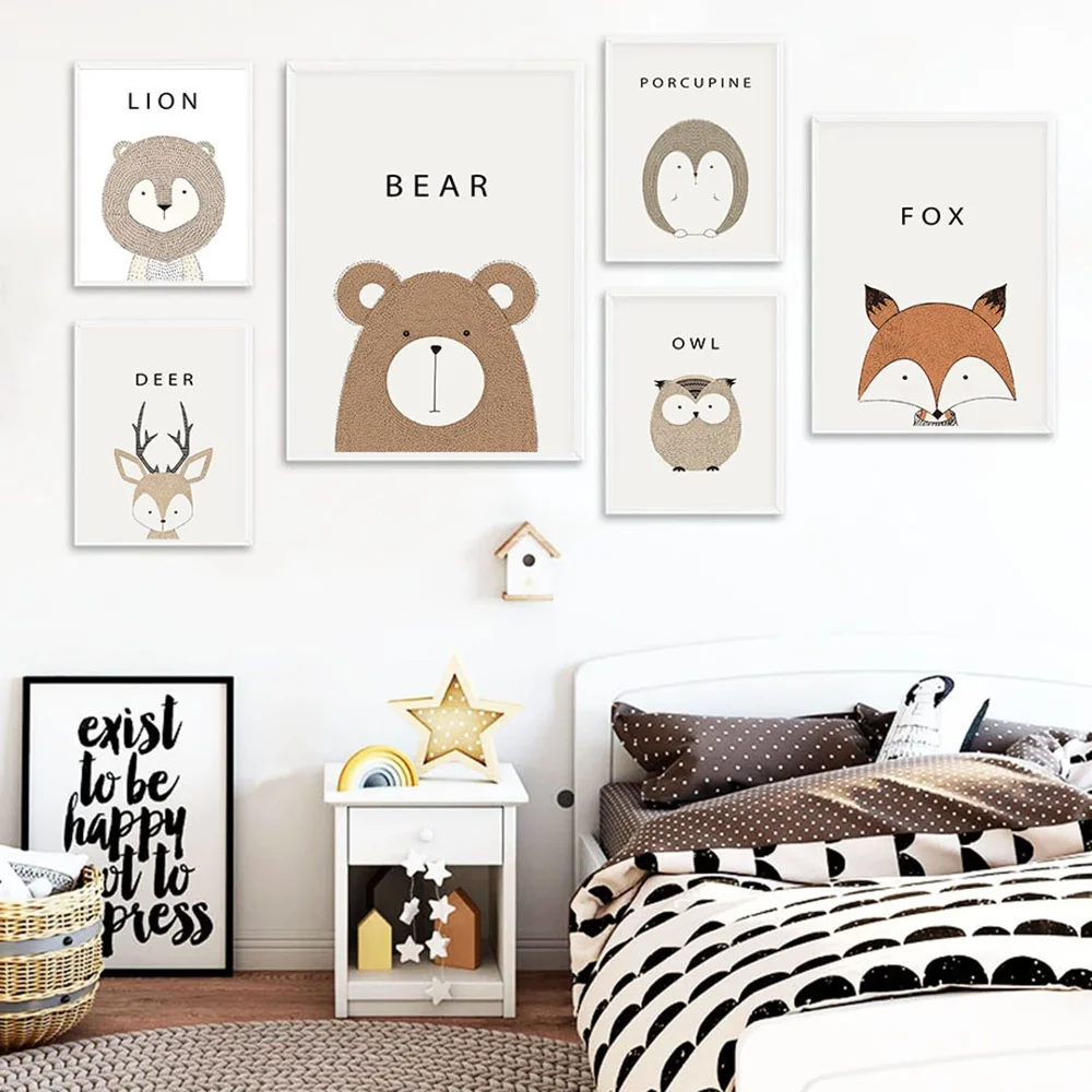 WTQ Cartoon Animal Fox Bear Nursery Toddler Canvas Paintings Wall Art Poster and Prints Birthday Gift Pictures Baby Room Decor