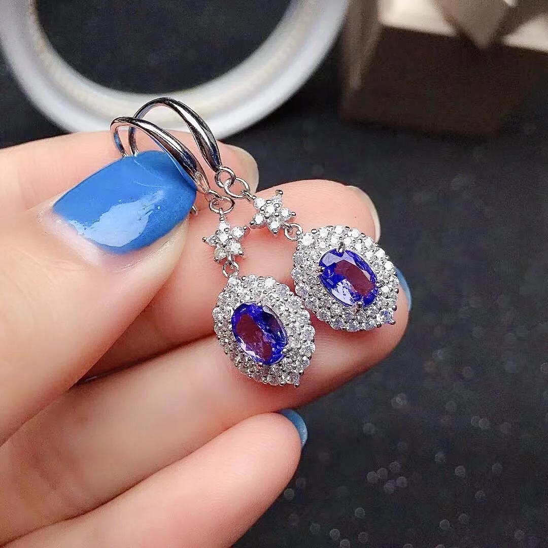 luxury tanzanite drop earrings for wedding 5mm*7mm natural VVS grade tanzanite hook earrings solid 925 silver tanzanite jewelry