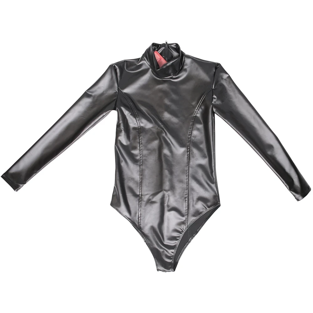Sexy Nightclub T-Crotch Long Sleeve Shaper PU Oil Shiny Tight One Piece Bodystocking Leotard Latex Faux Leather Women's Bodysuit