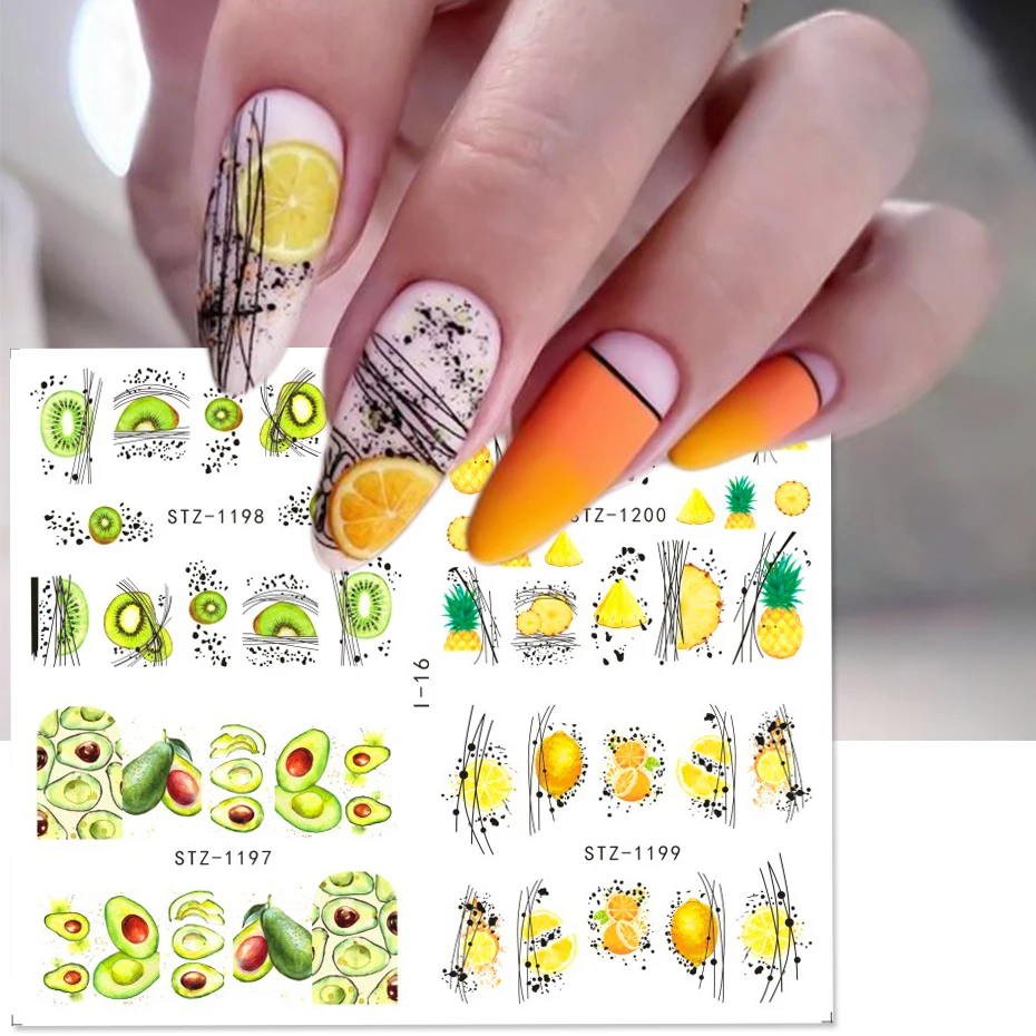 4pc Avocado Nail Stickers Slider Summer Watermelon Lemon Fruit Geometric Lines Water Transfer Tattoo Nail Art Accessory NLI15-17