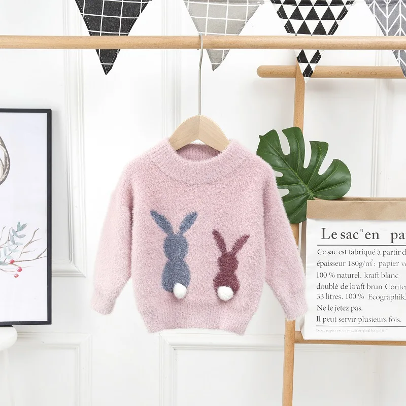 Kids Casual Sweaters for Girls Clothes Autumn Winter 2024 Child Cute Cartoon Rabbit Soft Pullover Toddler Thicken Knitted Tops