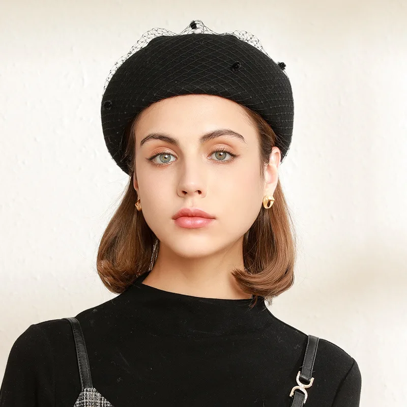 2021 Autumn Wool Felt Hat Beret Winter Warm Retro Lace Fashion Lady Hat Wholesale Mushroom Hat French Fashion Beret Lolita