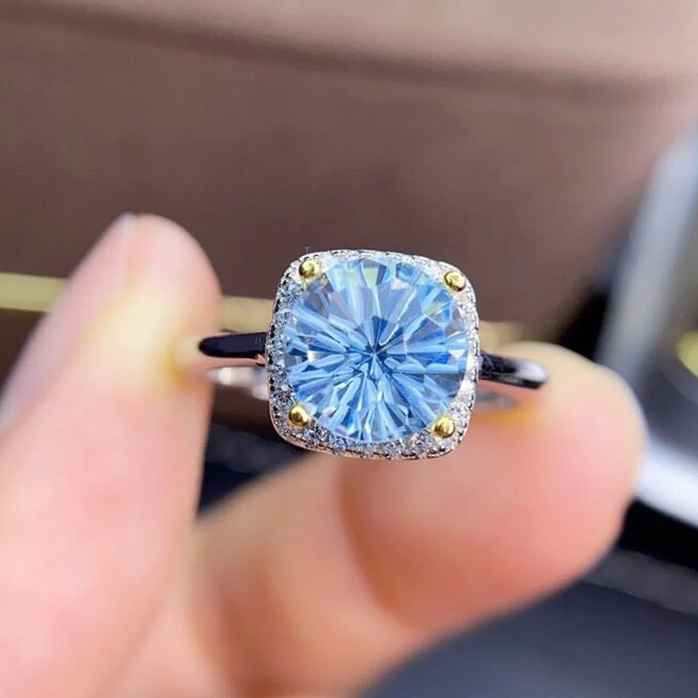 Two Tone Plated 925 Sterling Silver Round Fireworks Cut Natural Blue Topaz Engagement Ring For Women Gift