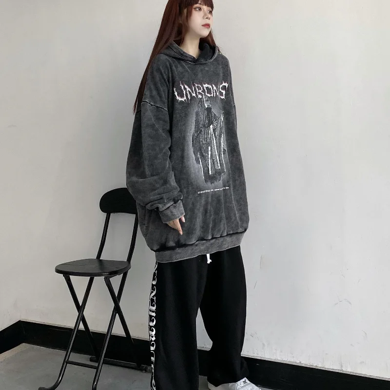 HOUZHOU Gothic Women Hoodie Aesthetic Vintage Dark Clothes Autumn 2021 Long Sleeve Thin Sweatshirt Oversized Y2k Streetwear