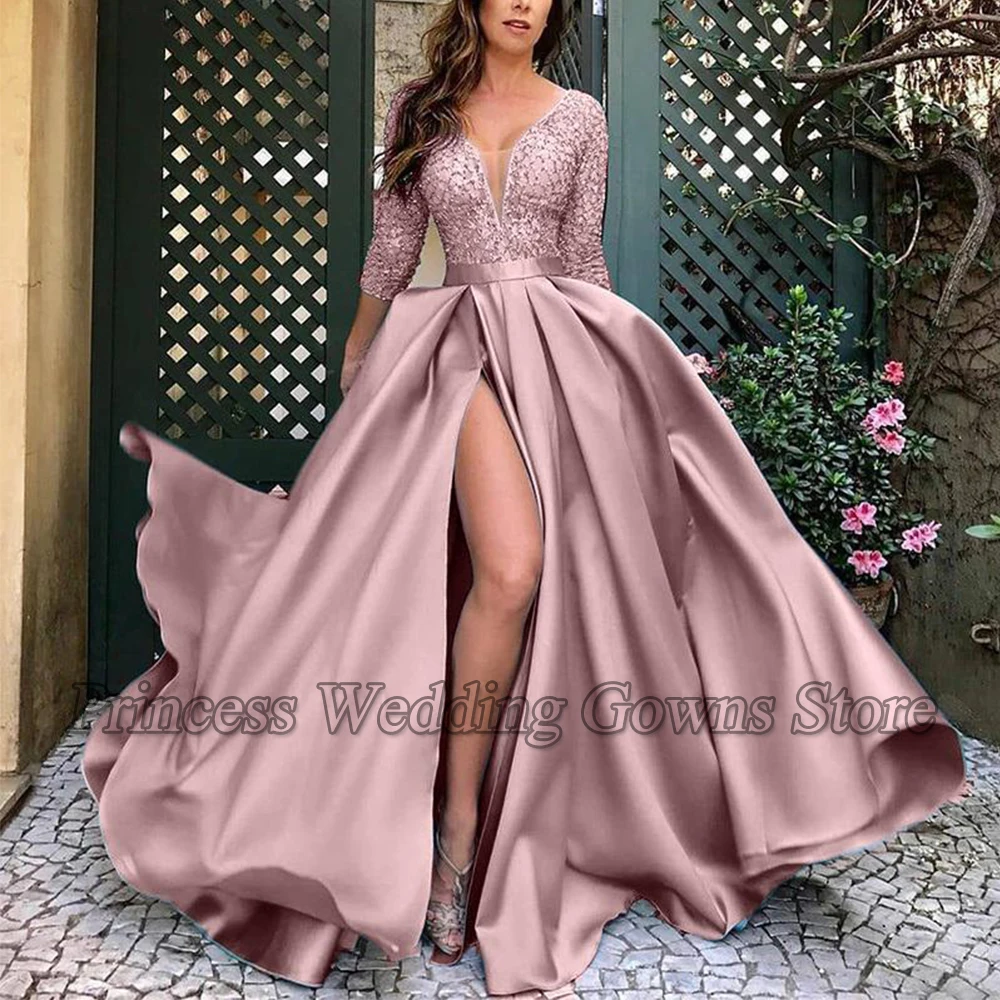 Eleganckie sukienki dla kobiet formalna suknia wieczorowa rozcięcia po bokach satyna z koronką Sweep Train plaża sukienka na studniówkę V Neck Vestido De Noche