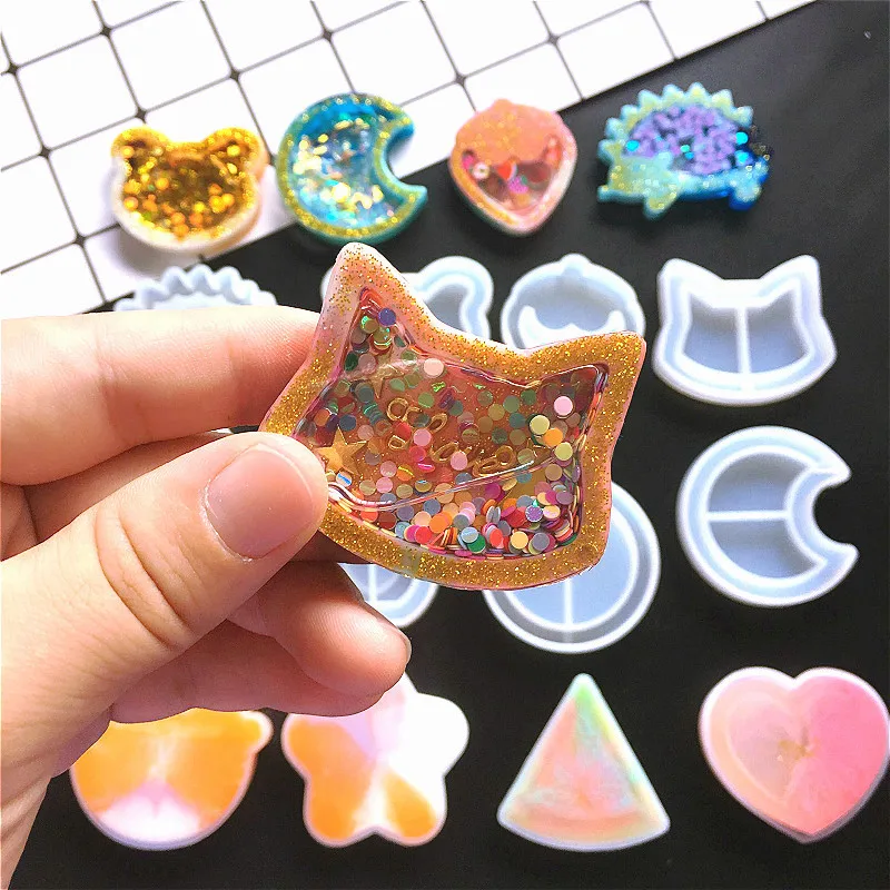 DIY Love Star Quicksand Crystal Epoxy Resin Mold UV Moon Cat Quicksand Keychain Silicone Mold