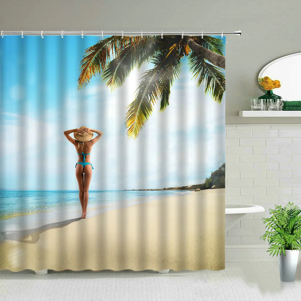 Sexy Woman Buttocks Printing Shower Curtains Sunlight Beach Girl Landscape Bathroom Decor Fabric Washable Bath Screen With Hooks