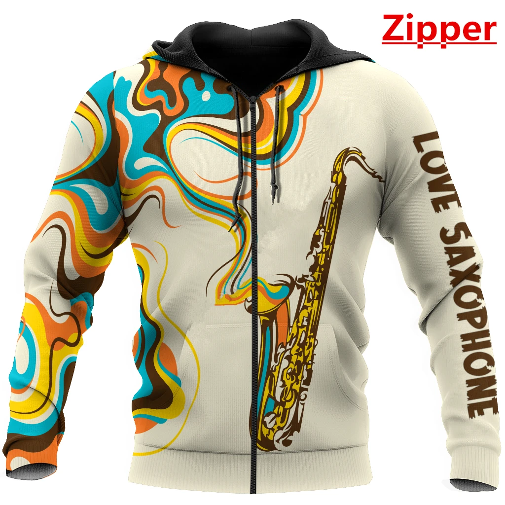 Men's Fashion Hoodie Love Saxophone Pattern 3D Fully Printed Zipper Hoodie Unisex Harajuku Casual Sweatshirt DYI266