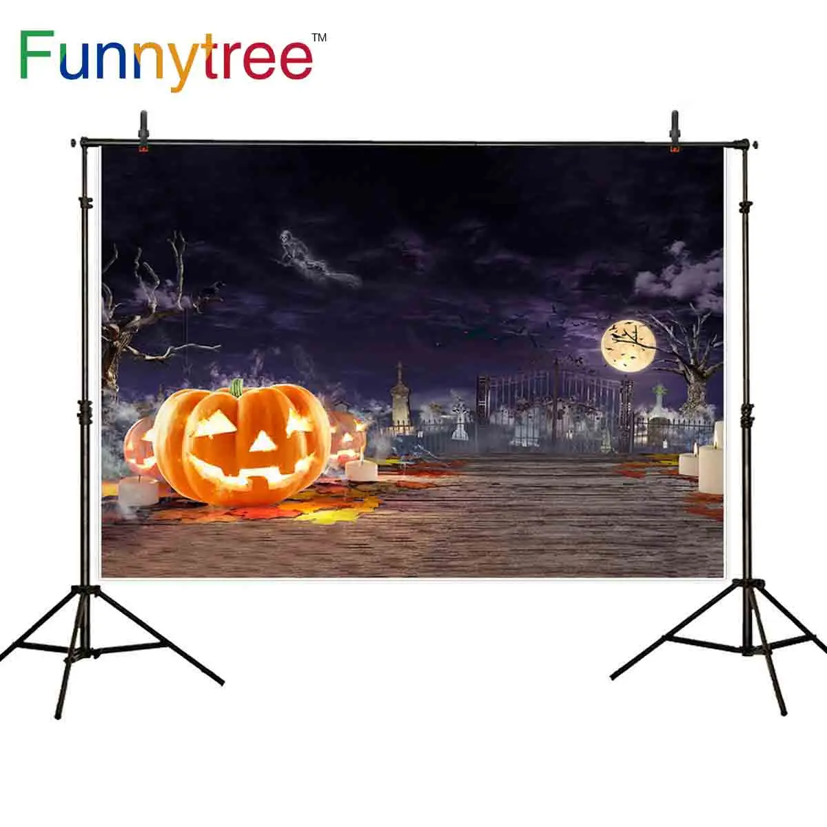 Funnytree photographic background pumpkin lantern candle night terror ghost tree moon photo kids backdrops photophone photocall