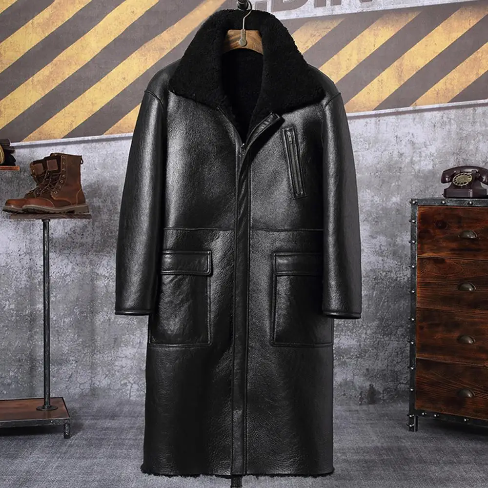 2019 New Mens Black Sheepskin Coat B3 Shearling Jacket Long Fur Coat Double-Faced Fur Jacket Mens Winter Coats