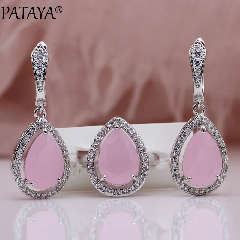 PATAYA New Water Drop Jewelry Set Light Blue Natural Zircon Earrings Ring Sets White Gold Color Women Hollow Wedding Fashion