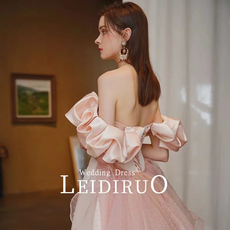 Rosa Satin Abendkleider Liebsten A-Line Off Schulter Puff Sleeve Lange Backless Abnehmbare Zug Prom Hochzeit Promi Kleider