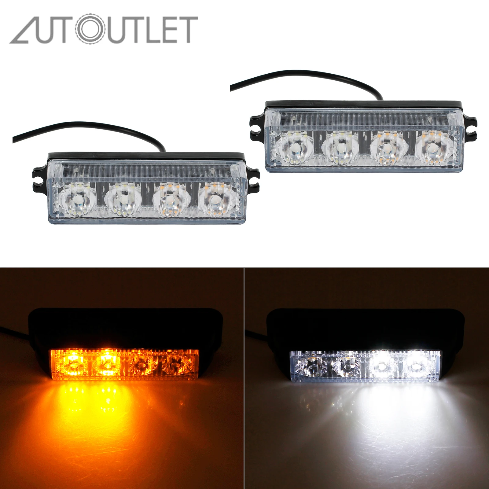 AUTOUTLET 2Pcs Amber White Strobe Flashing 4LED Lights 12V/24V Car Emergency Light Recovery Car Truck Breakdown Lorry Lamps