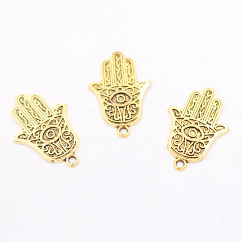 10pcs / lots Charms Hamsa Palm Fatima Hand Protection 28x19mm Antique Gold Color Pendants Making DIY Metal Handicraft Finding