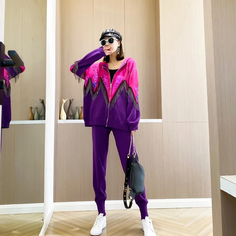 2025 Autumn Women Hooded Sequin Contrast Tassel Tracksuit 2 Piece Set Sweater coat+Fashion Pants Women knitted Set Plus size