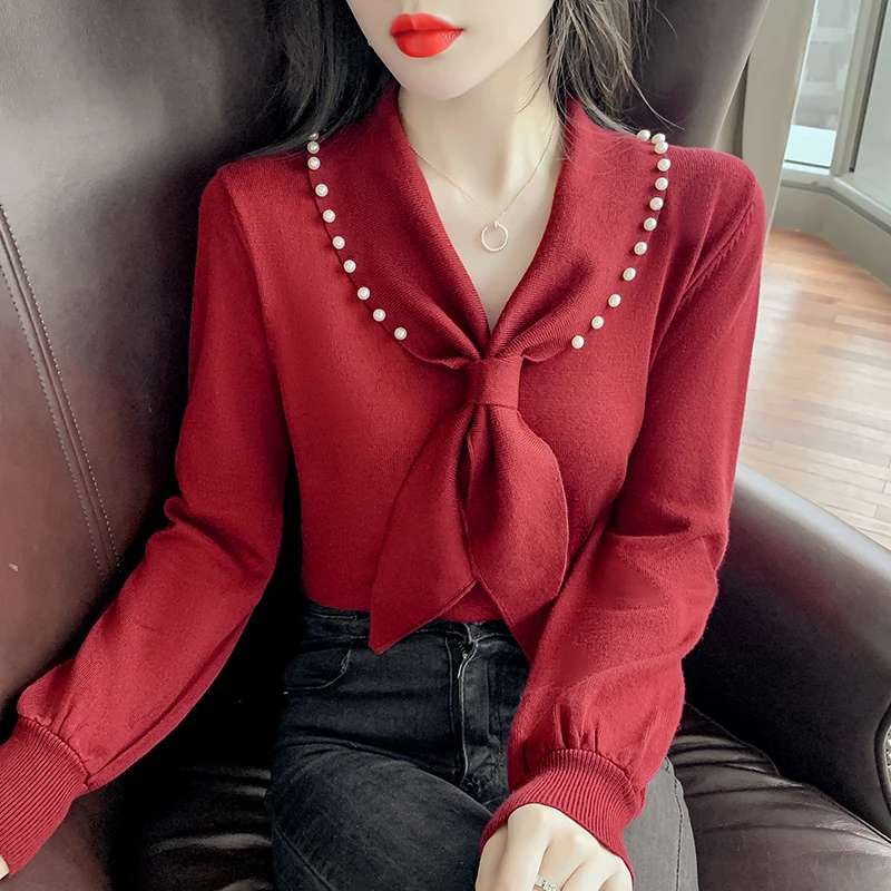 Trui Vrouwen Kralen Bow Tie Ronde Hals 2021 Winter Nieuwe Koreaanse Stijl Slim Dieptepunt Shirt Mode Pure Kleur Gebreide Top femme