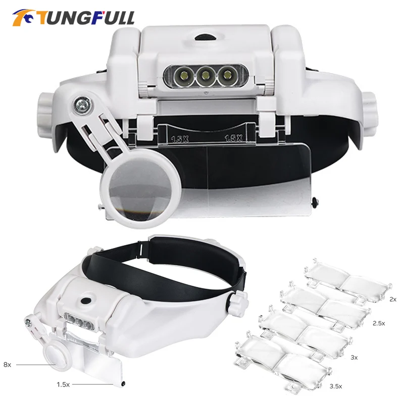 LED Light Headband Magnifier Glass Magnifying Glasses With Lamp Jewelry Appraisal 10x 15x 20x 25x Adjustable Lens Loupe