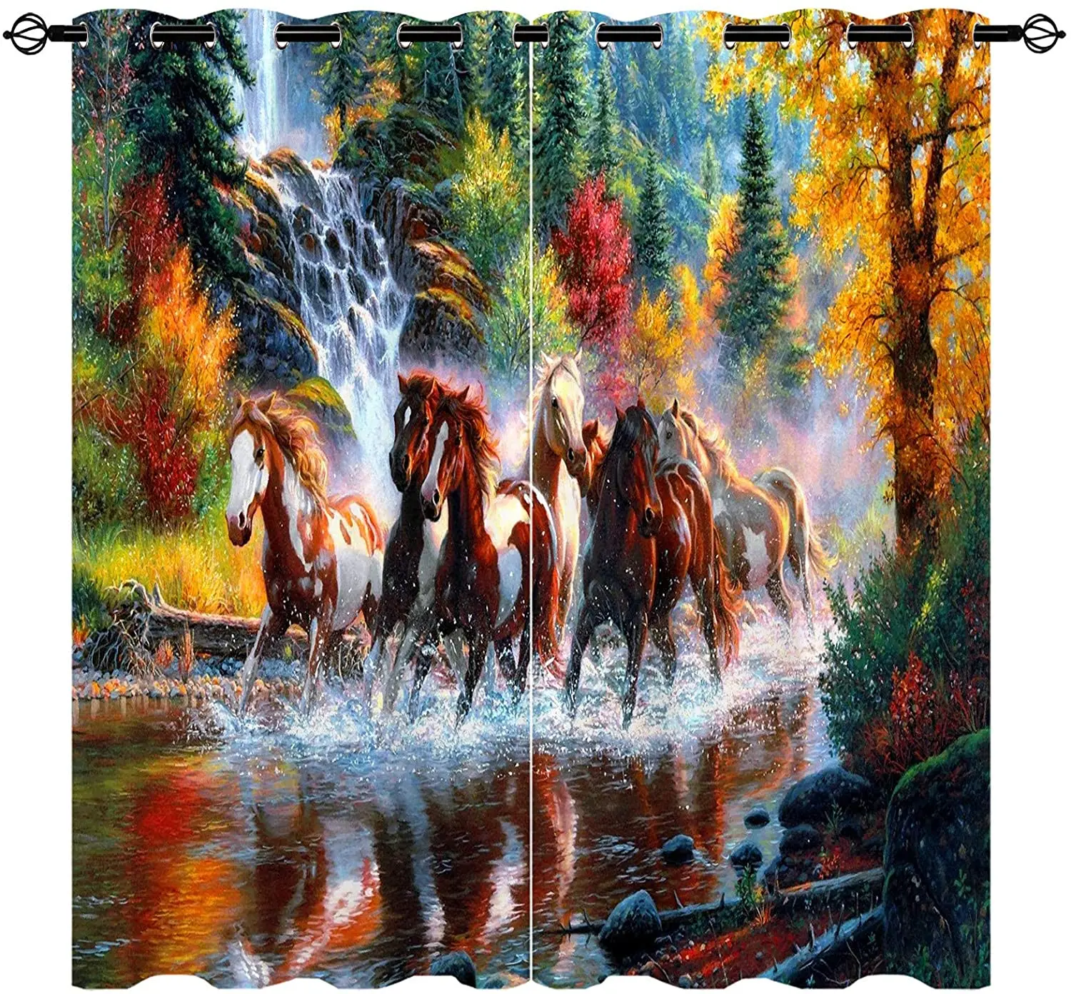 Living Room Decoration Blackout Curtains with Horses Running on The Forest River 3D Illustration Luxury Living Room Curtains