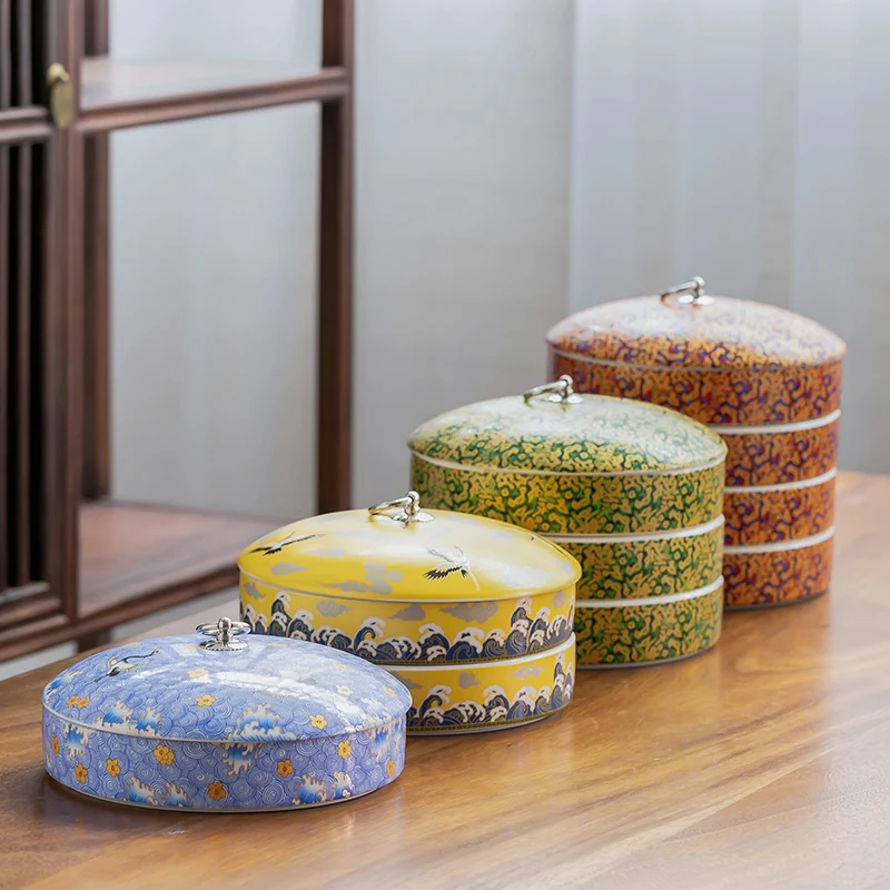 

Round Cake-shaped Ceramic Tea Pot Household Painted Sealed Storage Pot Tea Table Desktop Storage Tray Canister Set Kitchen Gifts