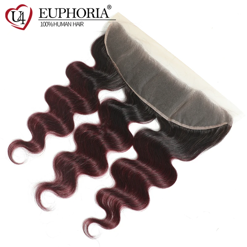 Bundel Rambut Gelombang Tubuh dengan Bagian Depan 13X4 Ombre 99J Rambut Manusia Remy Brasil Merah Anggur 3 Bundel dengan Penutup Euforia Bagian Depan