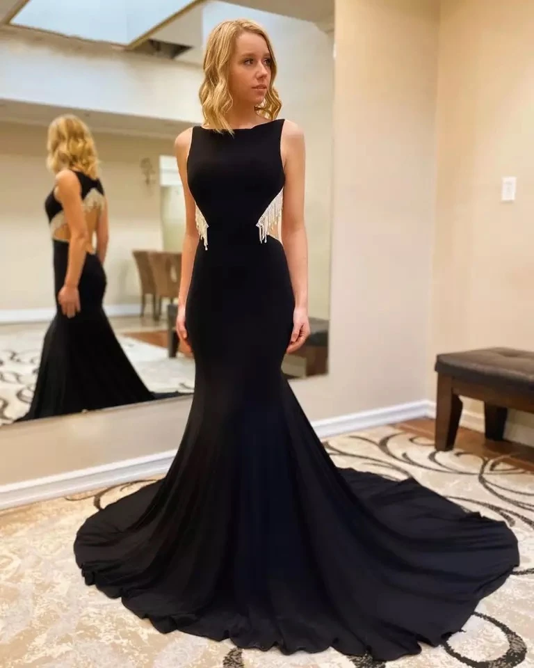 

Black Mermaid Evening Dresses Tassel O-Neck Sleeveless Backless Sweep Train Formal Charming Party Prom Gown For Women платье
