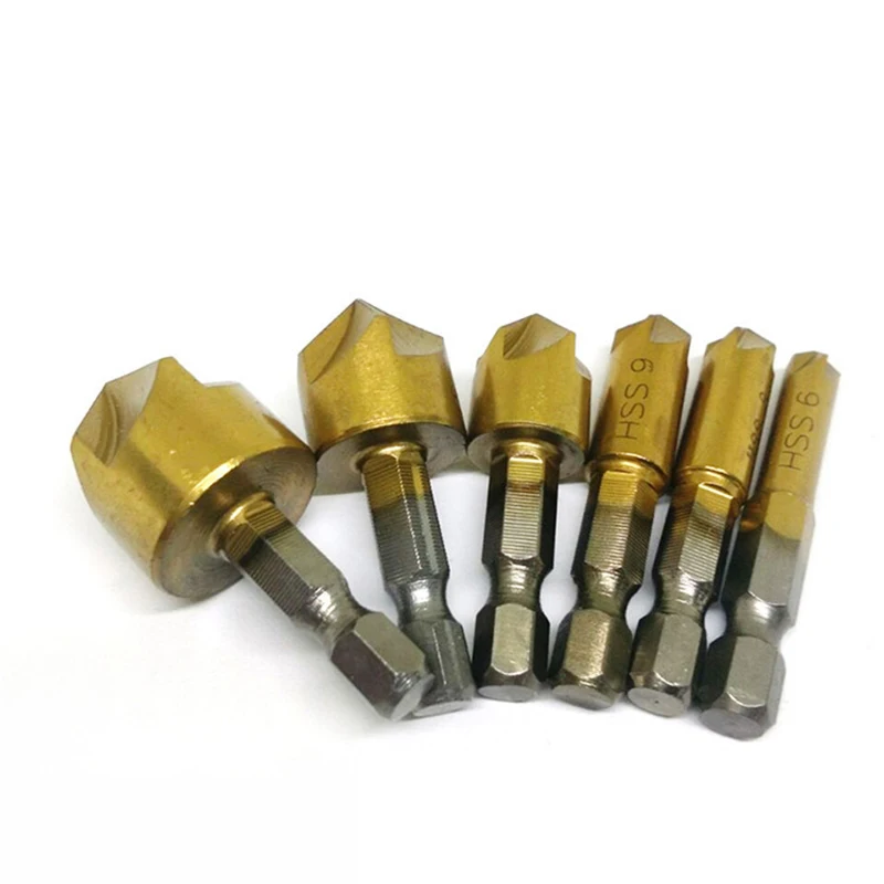 Conjunto de brocas de chanfro 6 peças hss, rebaixo, 1/4 "hex shank 90 ° cortador de madeira 6mm a 19mm