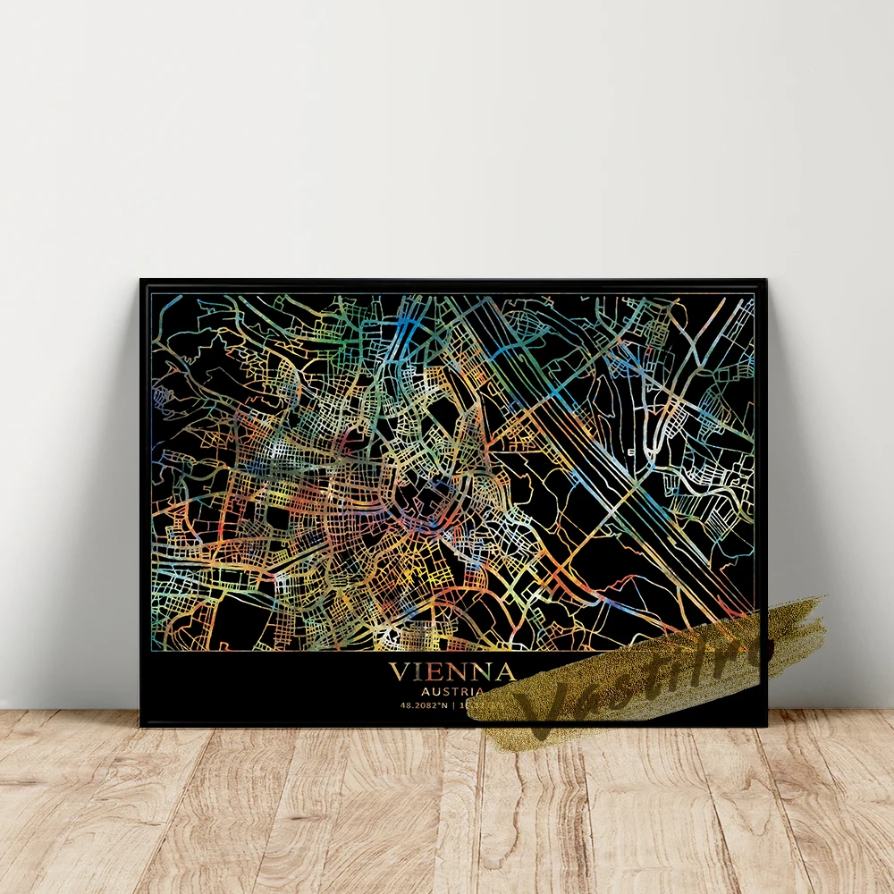 World City Map Poster, Black Color Line Wall Decor, Vienna Geography Location Canvas Prints, Austria Capital City Wall Picture