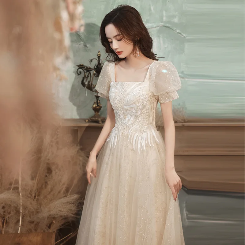 Fashion Square Collar Cheongsam Puff Sleeves Champagne Qipao Retro  Bridal Wedding Dresses Gown Bandage Vestidos De Festa