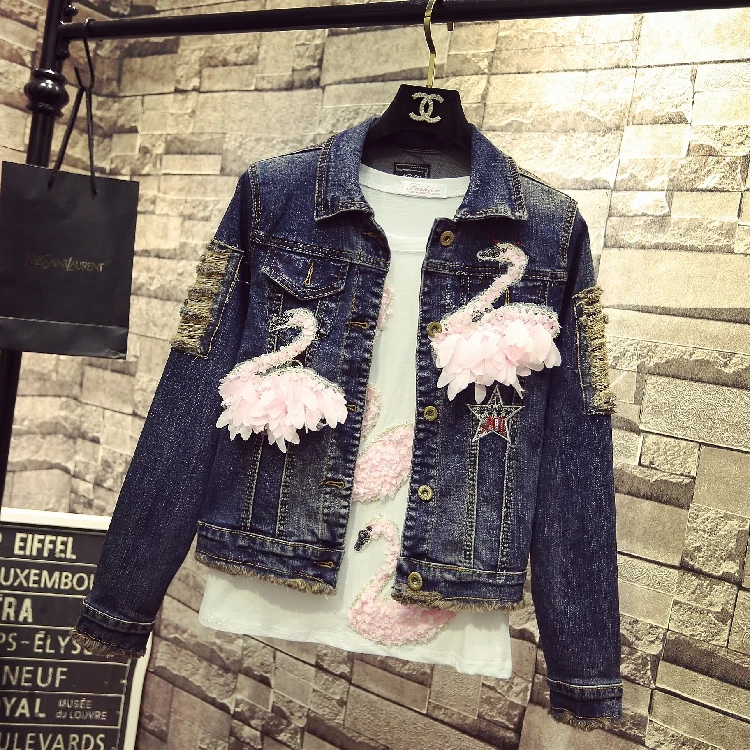 

Denim Jacket Coat Women Europe Style 2018 Spring Autumn New Nice Embroidered Pink Swan Slim Jeans Jackets Students Outfits