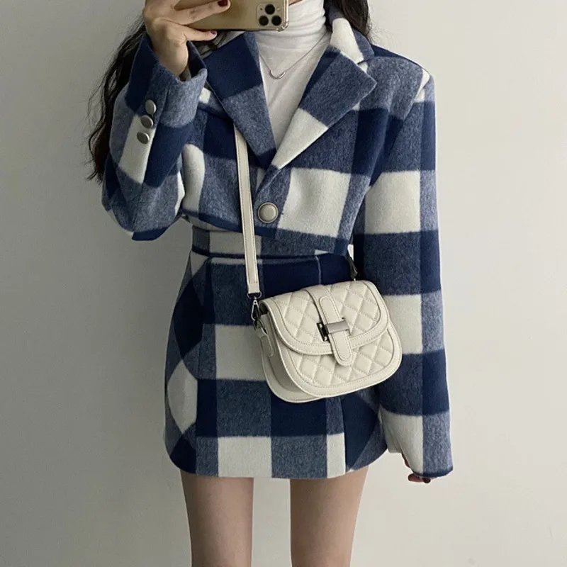 Single Button Blue White Plaid Woolen Sets Fashion Autumn Notched Long Sleeve Crop Coat High Waist Plaid Skirt Two-piece Suit