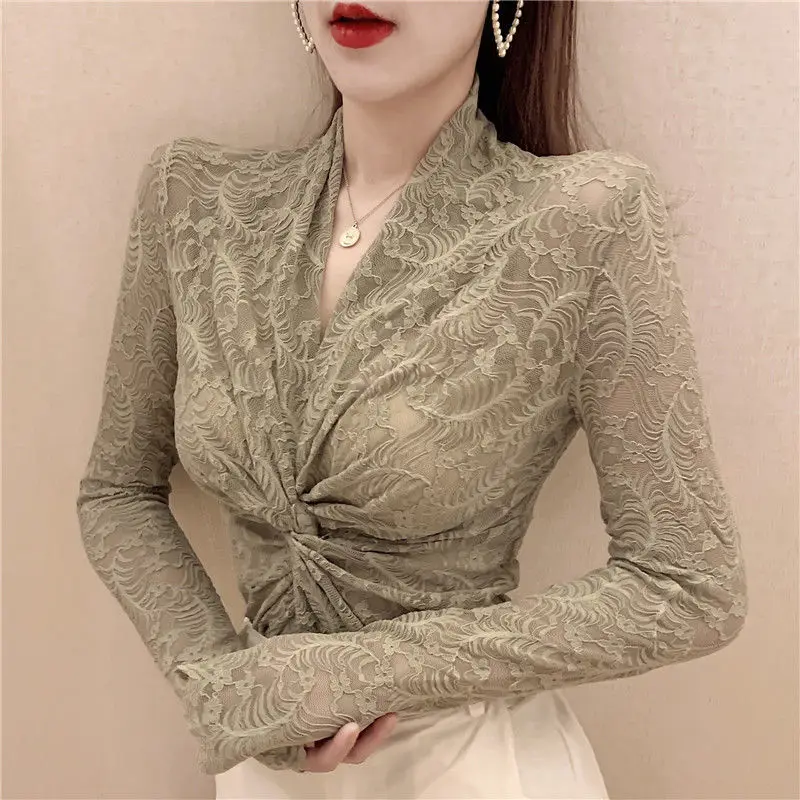 Elegant Gauze Lace Hook Flower Hollow Blouses 2023 Spring Autumn New Sexy V-Neck Slim Long Sleeve Blouse Women\'s Clothing Shirts