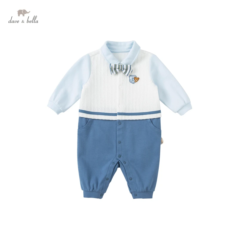 DBH18042 dave bella autumn new born baby boys fashion bow cartoon jumpsuits infant toddler clothes children romper 1 piece