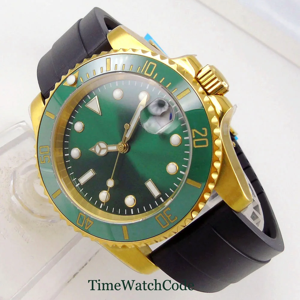 

40mm Bliger Sapphire Automatic Mens Watch PT5000/NH35/Miyota 8215 Green Dial Date Rubber Strap Yellow Gold Luminous Cyclops