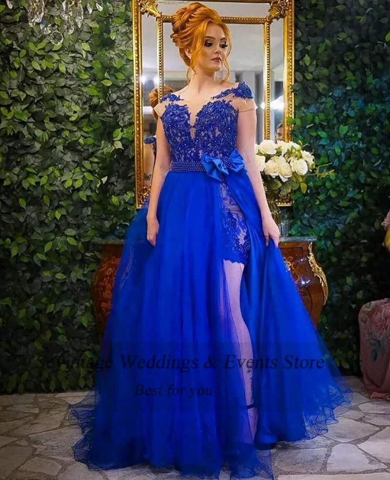 Personalizado azul real fenda lateral vestidos de noite longos 2021 pérolas rendas 2 peças mulher formal vestido de festa feito sob encomenda vestidos de baile