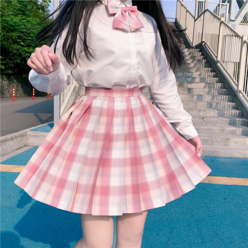 [Xiaochun] Girls Summer High Waist Pink Pleated Skirts Plaid Skirts Women Dress For JK School Uniform Students Clothes