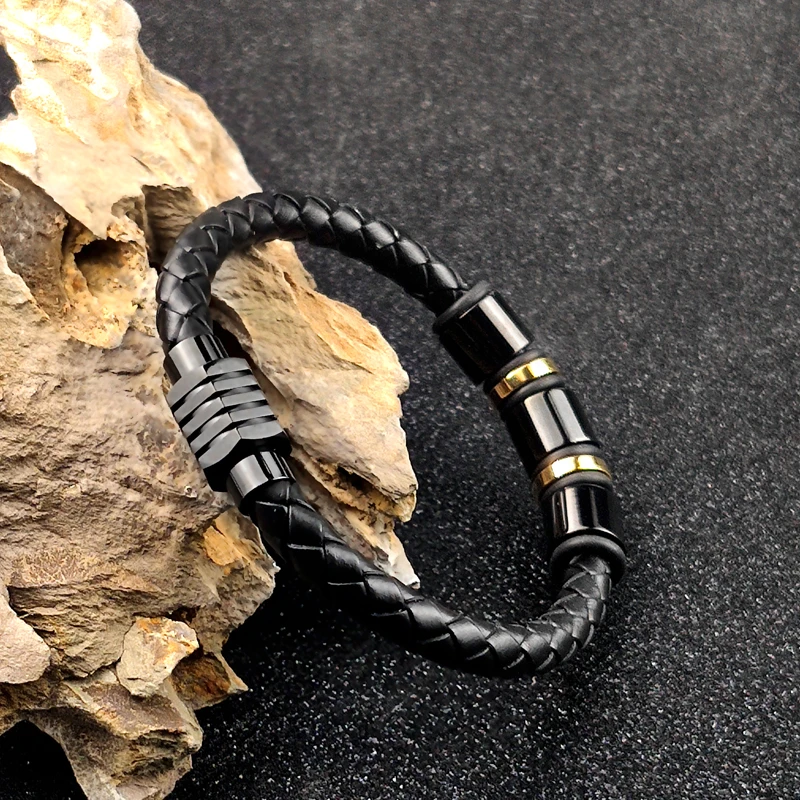 MingAo Customized Engraved Name Single Leather Beads Braclet For Men Women Punk Black Stainless Steel Beaded Bracelets