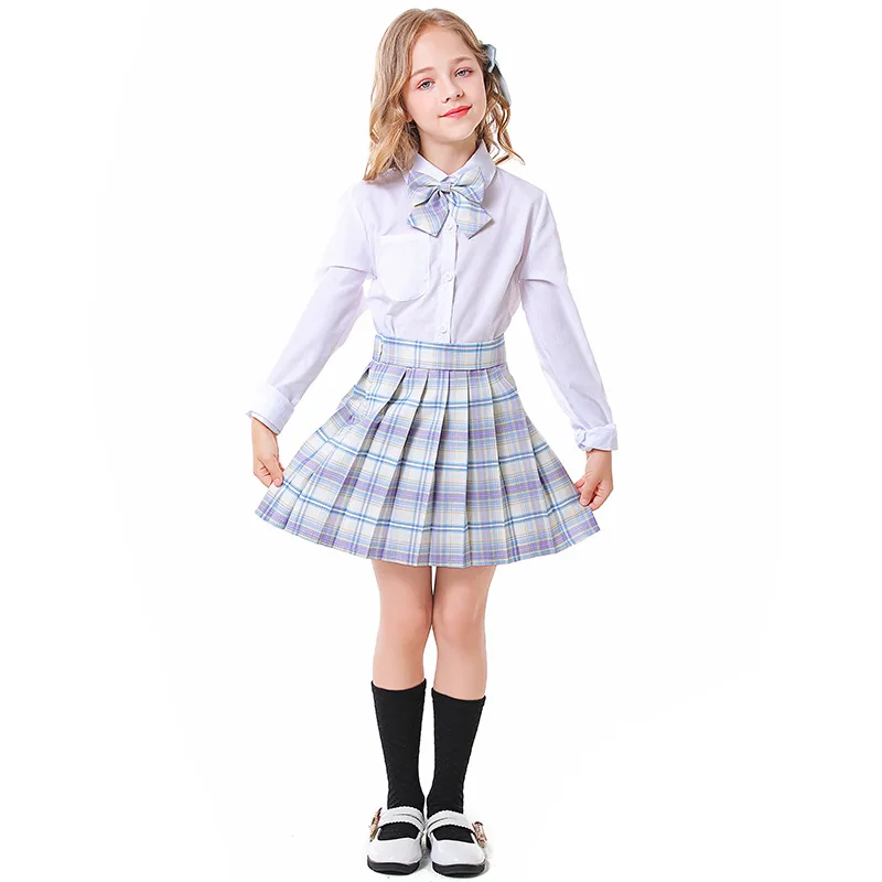 Blauwe Plaid Top + Rokken School Meisje Cosplay Kids Kinderen Halloween Student Uniform Kostuum Carnaval Purim Rollenspel Party Dress