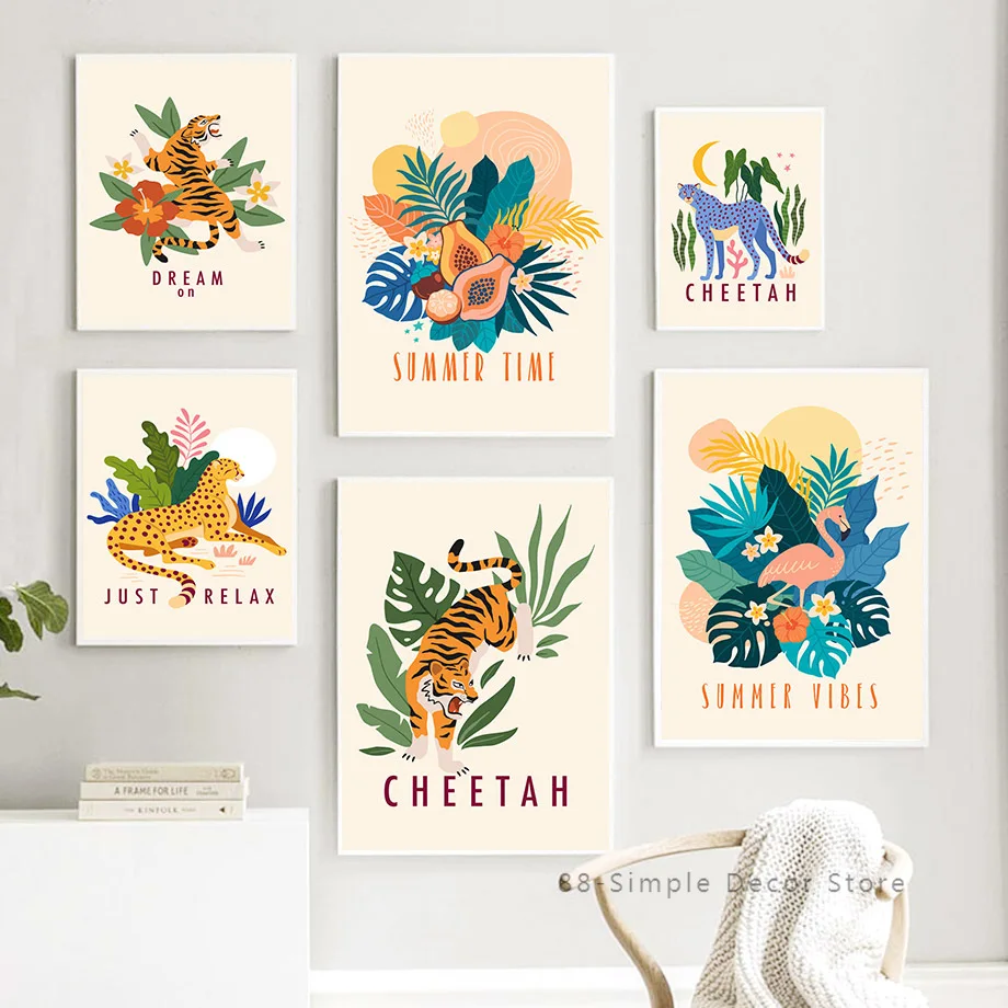 

Monstera Leaf Cheetah Tiger Flamingo Bird Fruit Nordic Posters And Prints Wall Art Canvas Painting Kids Home Decoration Pictures