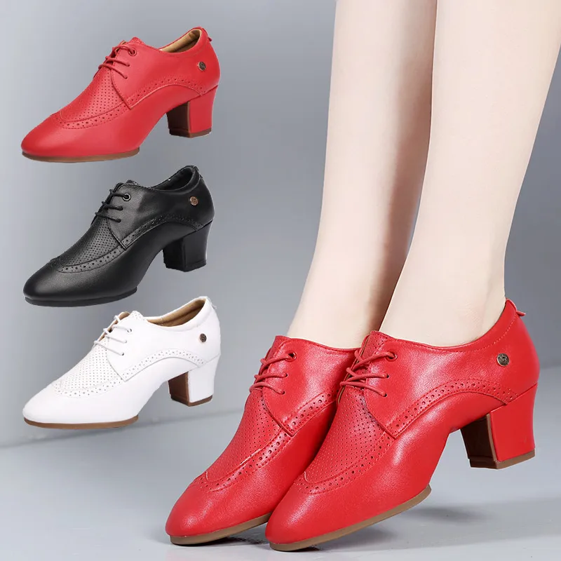 Leather dance shoes woman female teacher mesh shoes practice square soft soled Latin dance shoes outdoor sports shoes women