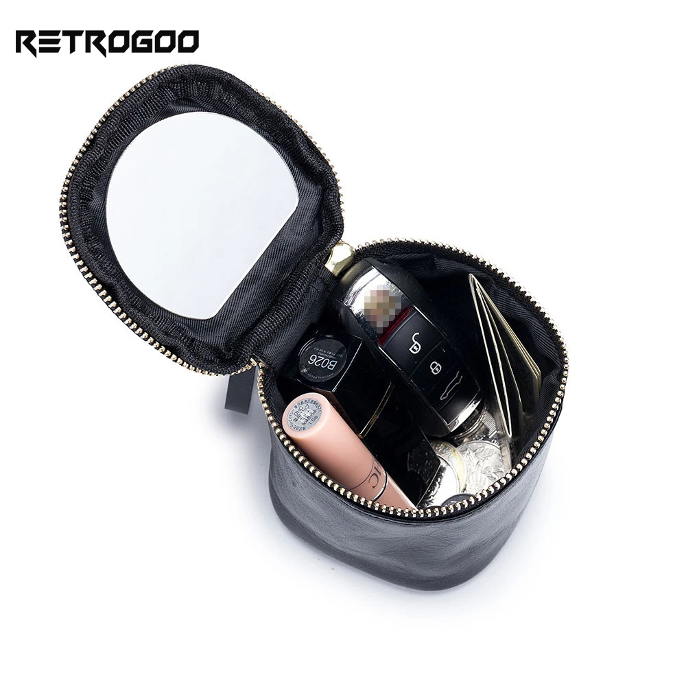 RETROGOO Ladies Cosmetic Bag With Makeup Mirror Genuine Leather Women Lipstick Bag Small Cosmetic Case For Girls Mini Coin Purse