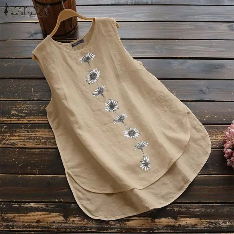 ZANZEA Vintage Tanks Tops Women Summer Sleeveless Blouse Floral Printed Shirt Casual Cotton Linen Blusas Female Loose Vests Robe