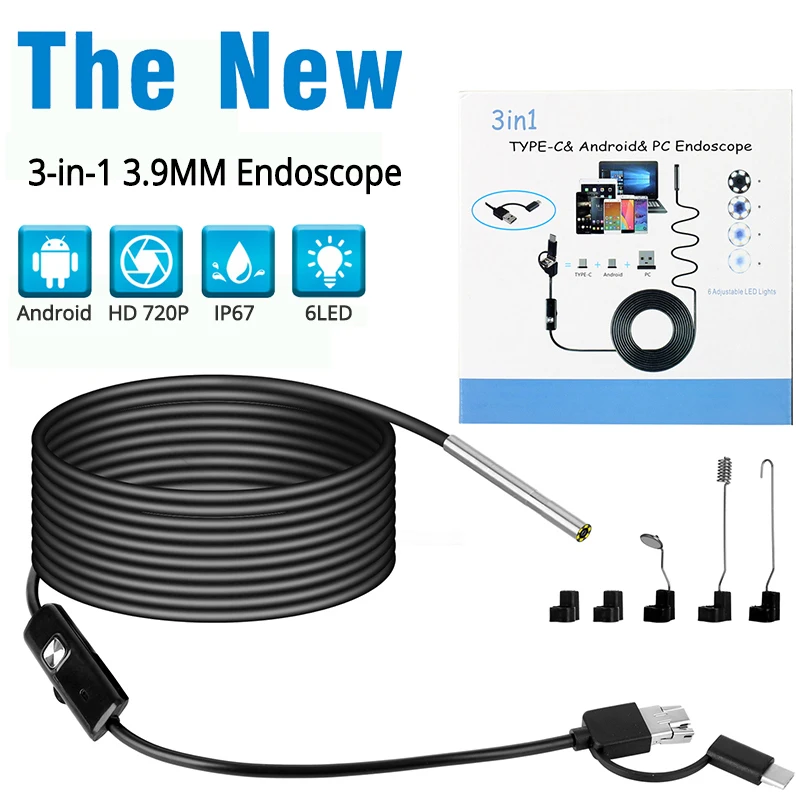 

3 in 1 3.9mm USB Industrial Endoscope HD 720P 6 Leds Camera Android / IOS Waterproof Endoscope For OTG Android PC